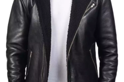 Black Fur Leather Shearling Lapel Collar Jacket